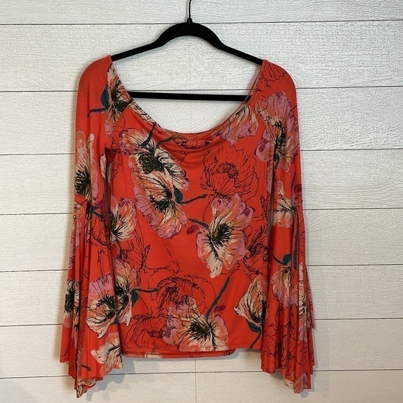 Free People Birds of Paradise Floral Print Off Shoulder Bell Sleeve Blouse M - Picture 13 of 13